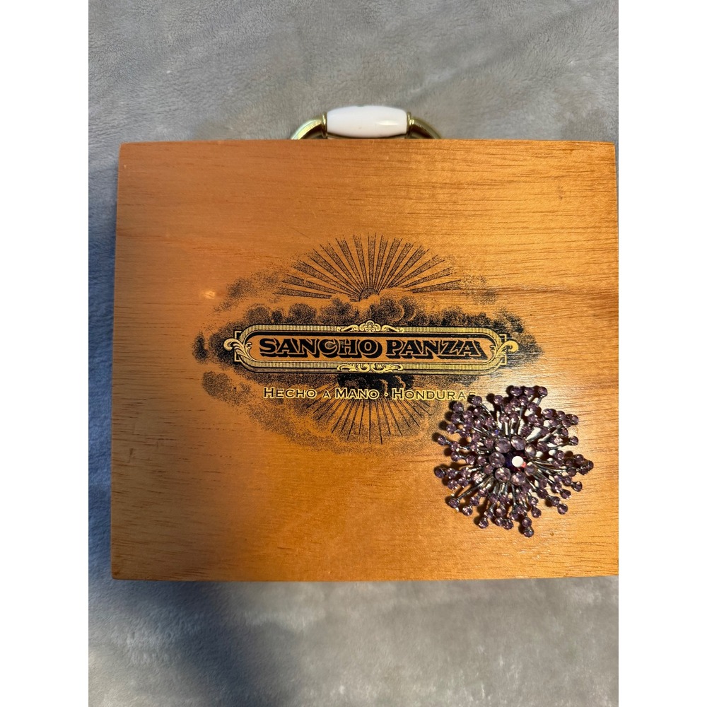 Vintage Sancho Panza Cigar Box Jewelry Box w/ Purple Silver Rhinestone Brooch